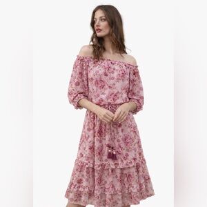 Hale Bob Romantic Pink Floral Off-Shoulder Dress